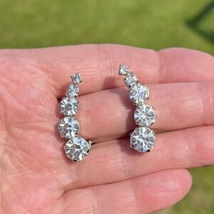 Vintage La Rel Clip On Earrings Rhinestone Clear‎ Graduated Round Silver Signed